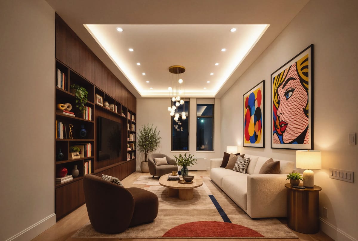 Living room with walnut built-ins and pop art