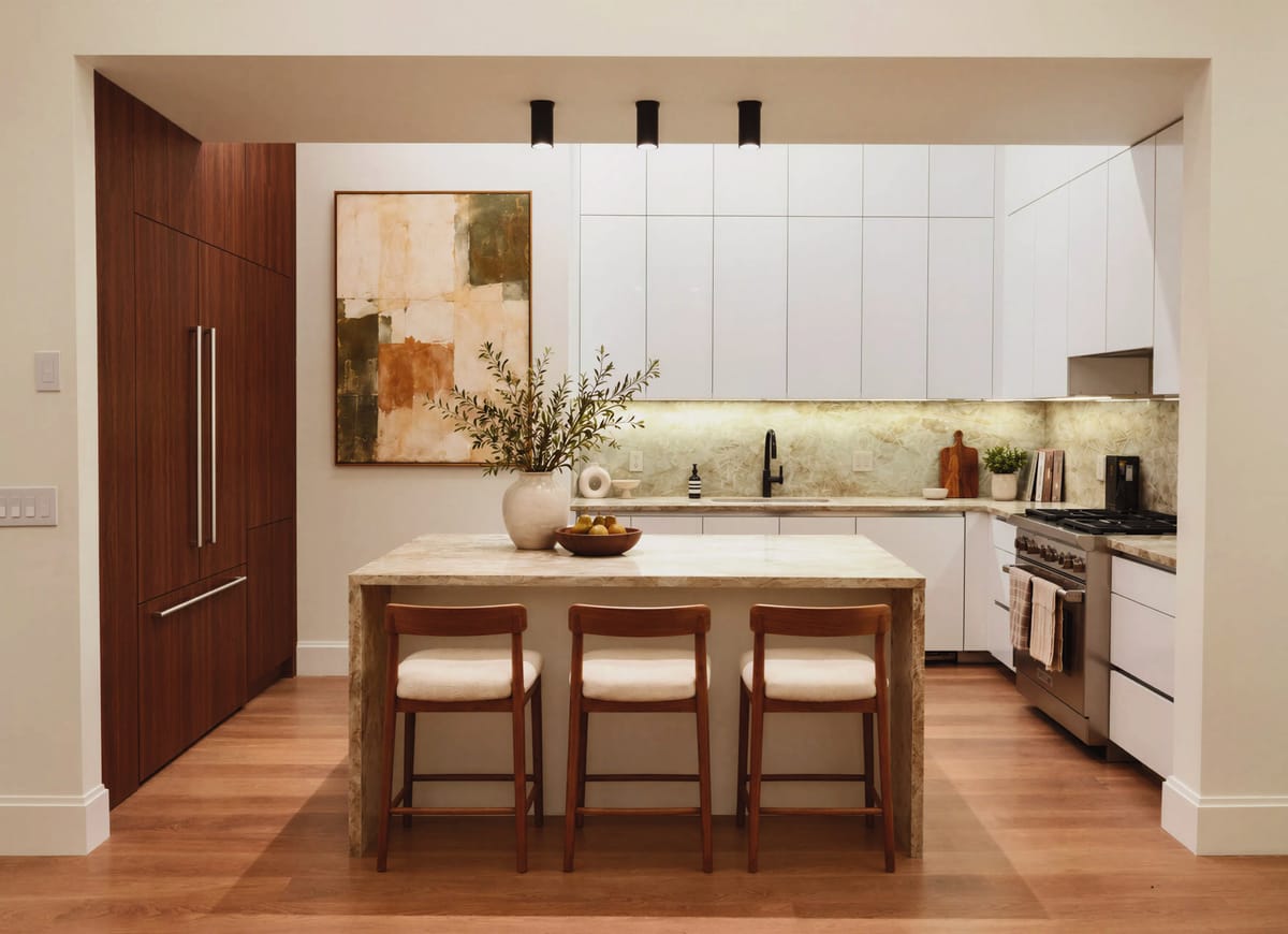 Kitchen with walnut panels, white cabinetry and a stone waterfall island