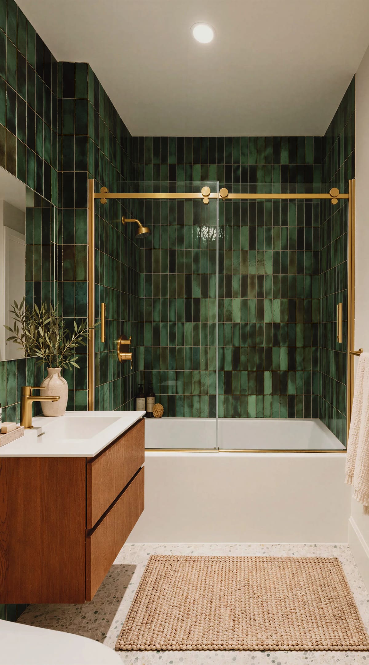 Bathroom with glossy green tile and brass fixtures