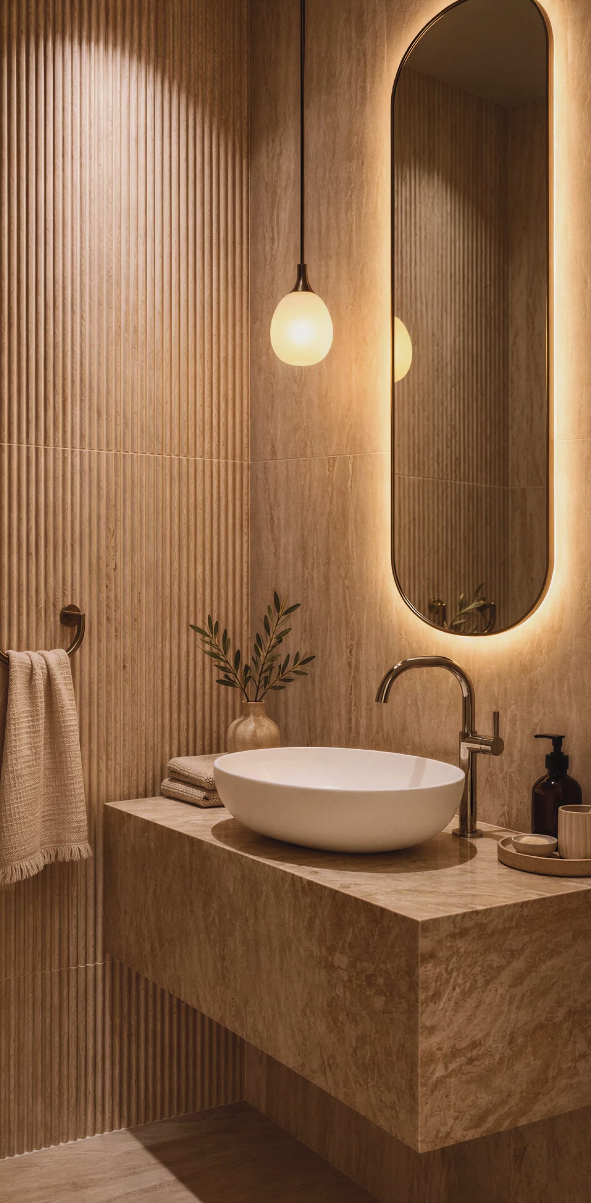 Powder room with fluted wood walls and a stone vanity