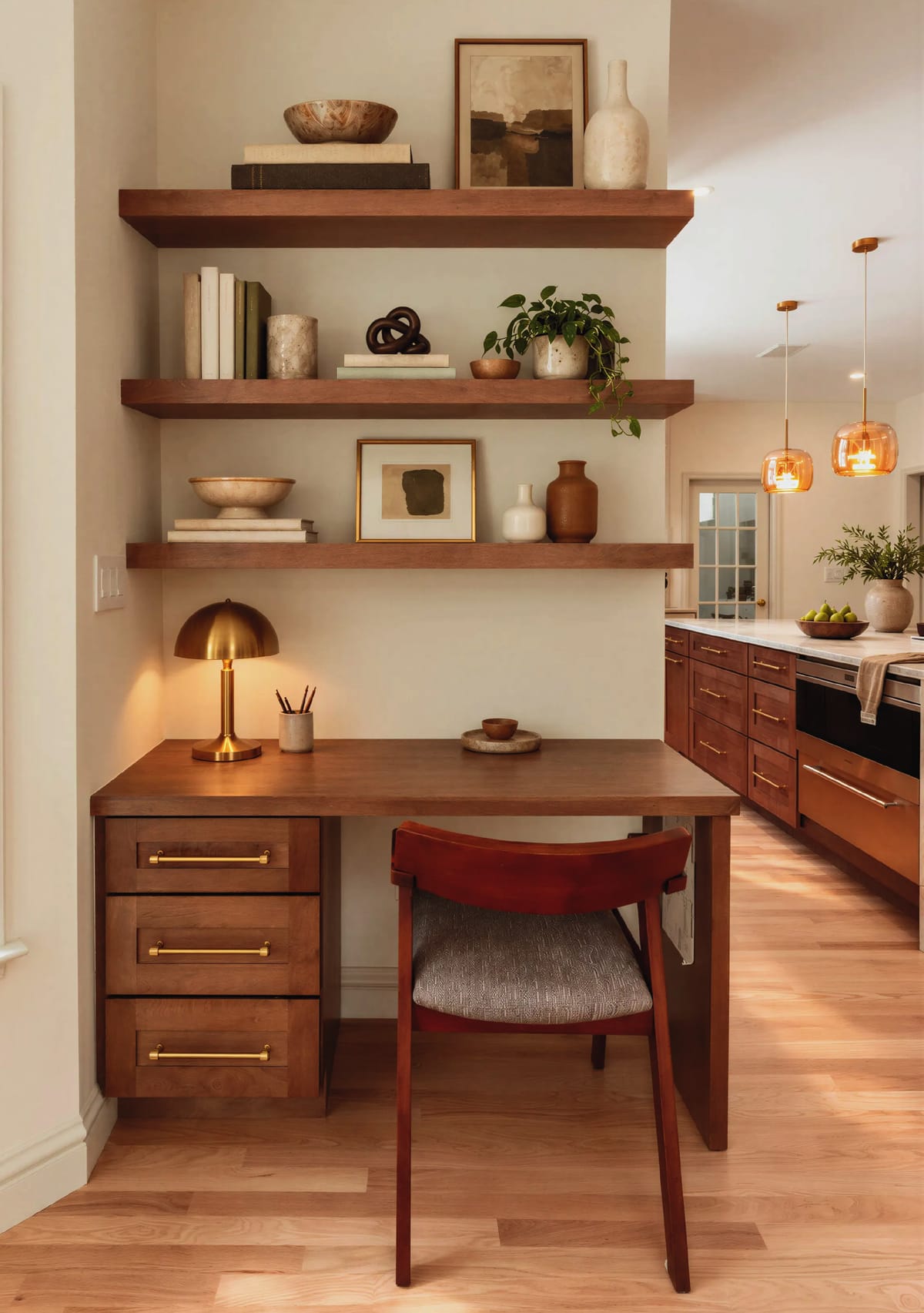 Built-in desk with floating wood shelves