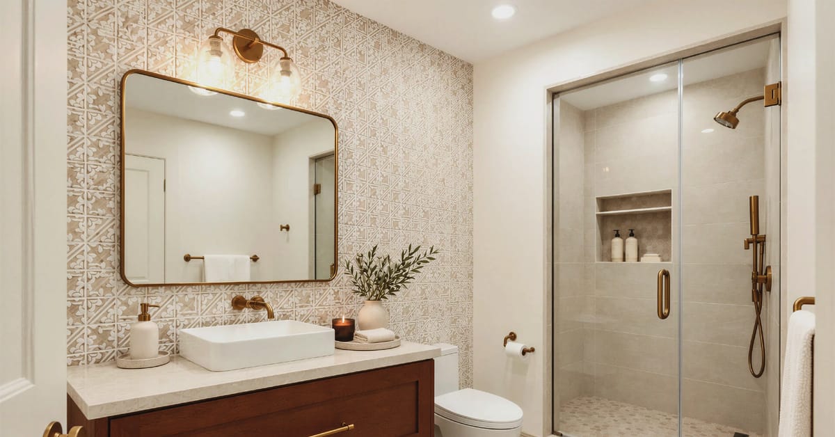Bathroom with patterned tile and a brass mirror