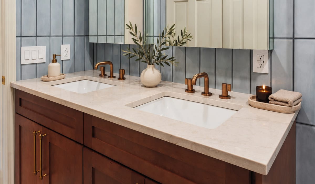 Double vanity with blue vertical tile