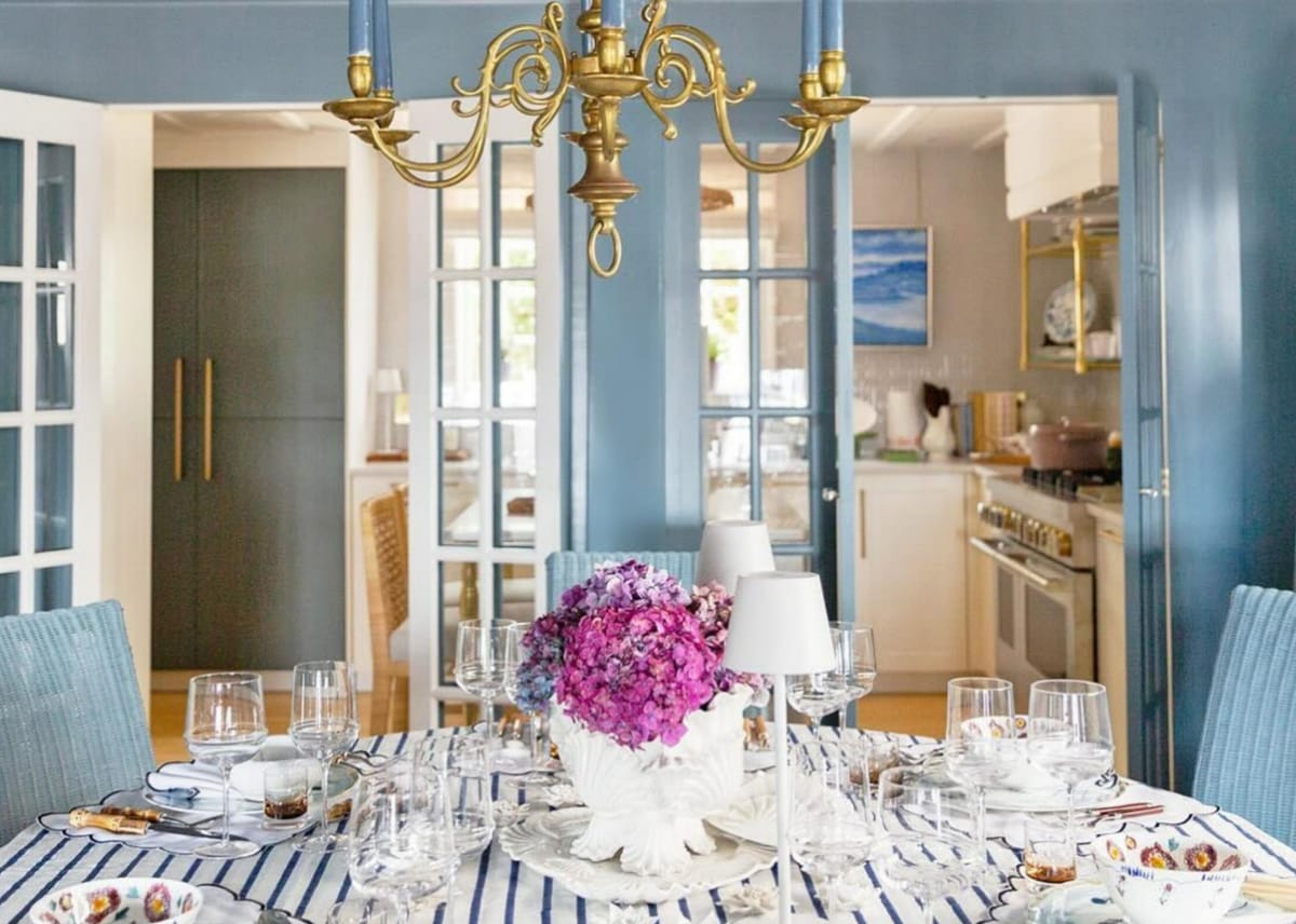 Blue dining room set for a dinner party