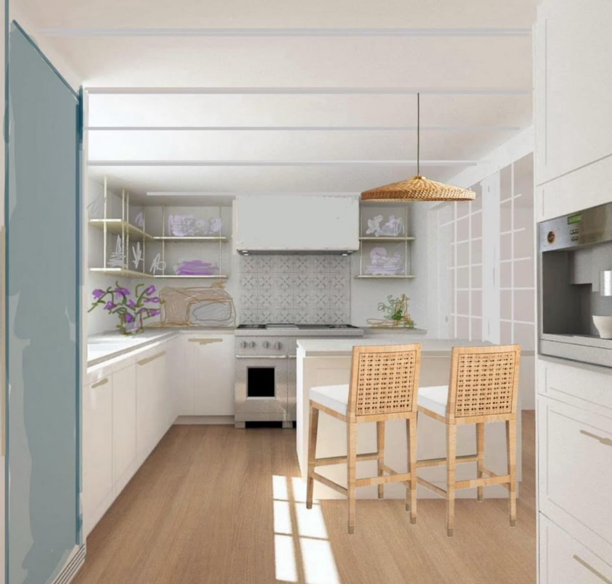 Kitchen with rattan pendant