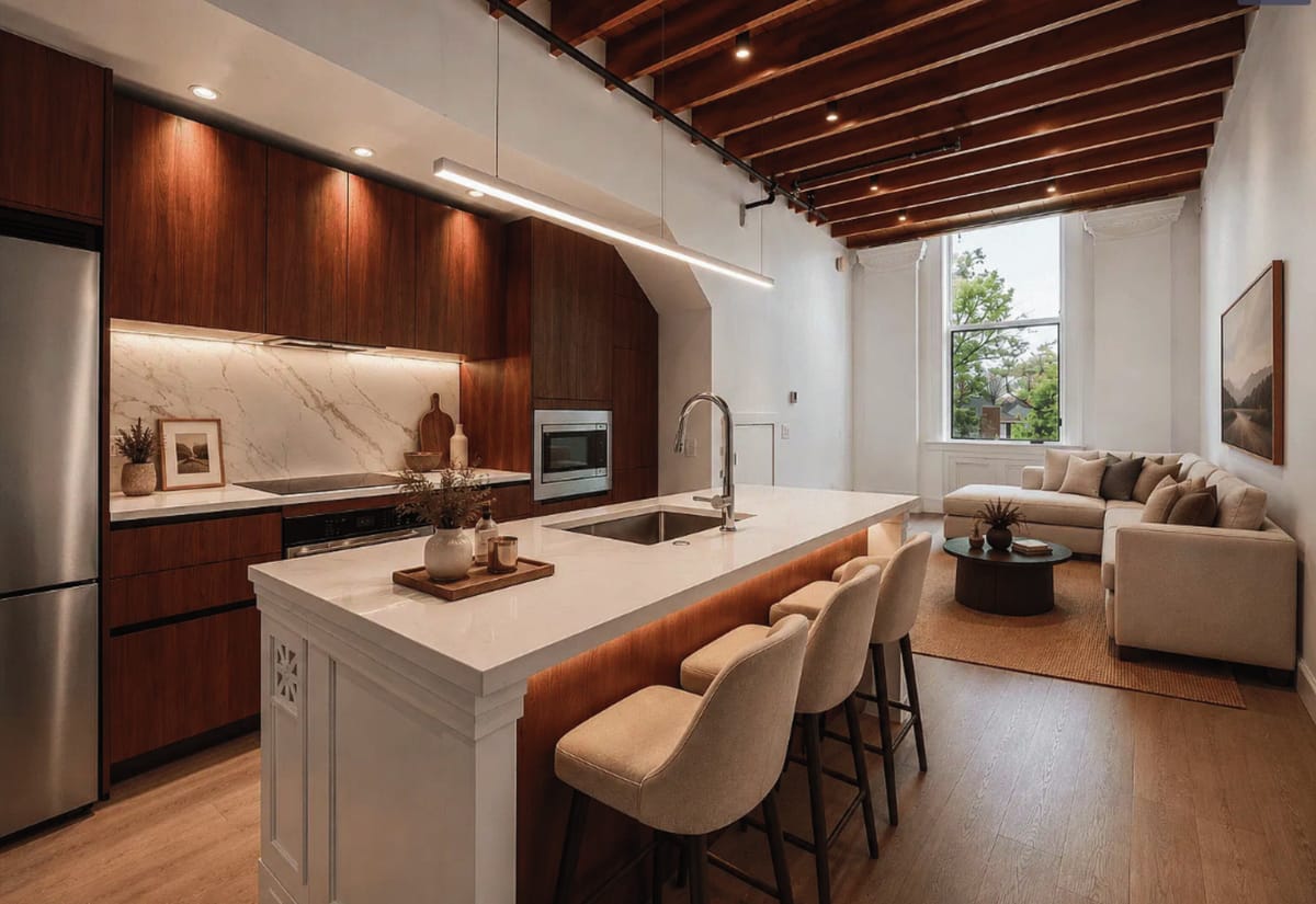 Walnut kitchen under exposed beams
