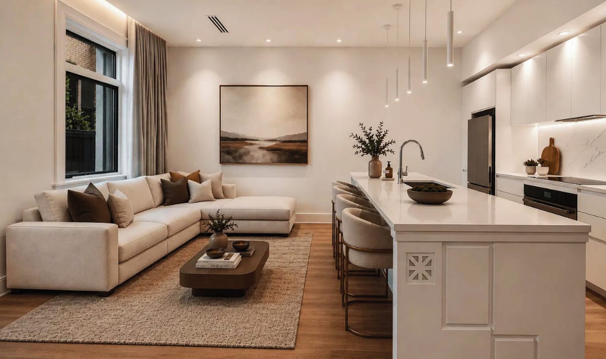Living room and kitchen with white island