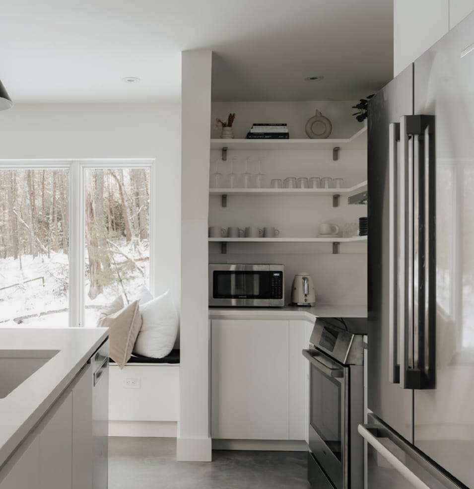 White kitchen with open shelving